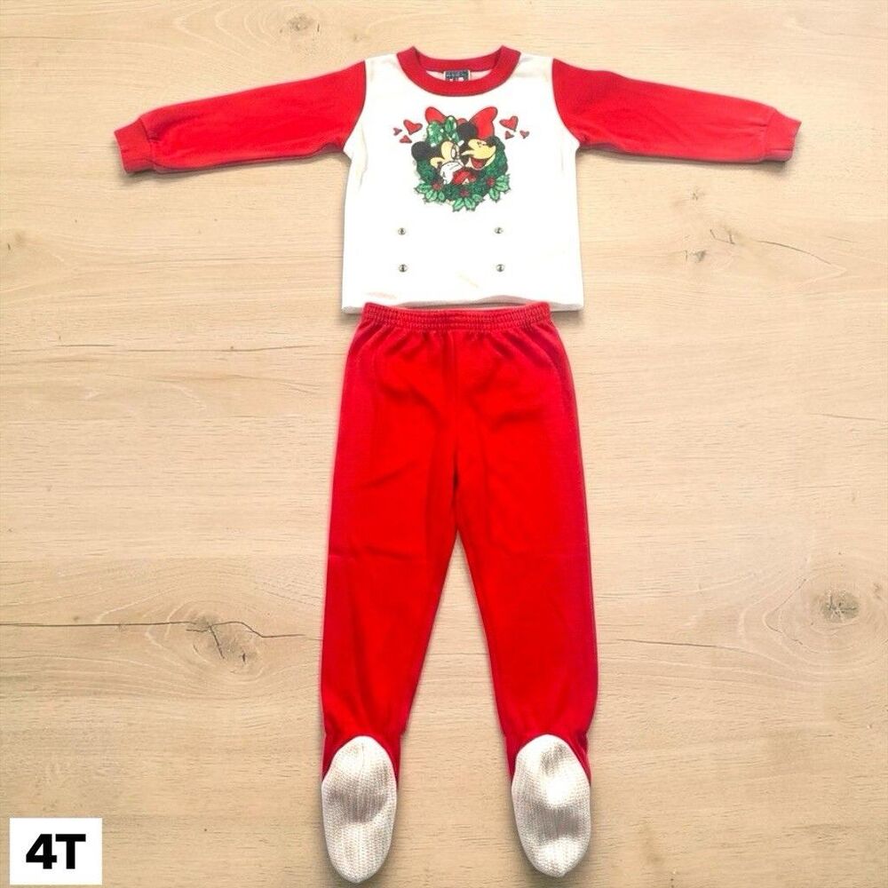 Vintage 90s Disney's Mickey Minnie Mouse Pajama Set Christmas Toddler 4T Red
